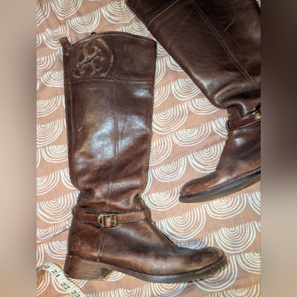 Tory Burch Women's Coconut Brown Leather MARLENE Riding Boot Sz 7.5 M Logo - Picture 2 of 15
